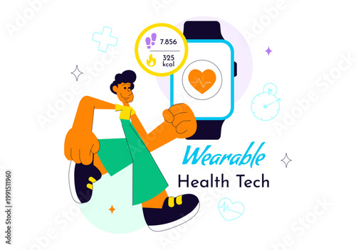 Wearable Health Tech Vector Illustration Smartwatch Fitness Tracker Monitoring Heart Rate Steps Calories and Digital Healthcare Innovation Design