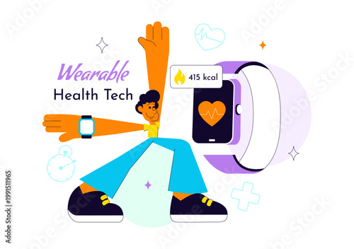 Wearable Health Tech Vector Illustration Smartwatch Fitness Tracker Monitoring Heart Rate Steps Calories and Digital Healthcare Innovation Design