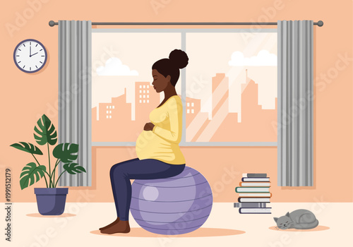 Pregnant Black Woman Exercising on Fitness Ball at Home, Prenatal Wellness and Maternity Illustration