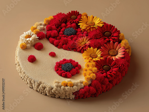 Flowers and sand forming a beautiful Yin-Yang composition