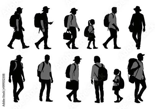 Set of Diverse People Silhouettes with Backpacks and Bags for Travel, Hiking, and Commuting Isolated on White Background
