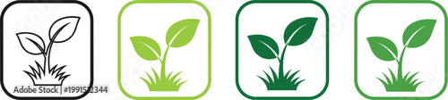 Plant Growth Icon Set with Seedling Sprout Green Leaves in Rounded Square Frames for Eco Environment Agriculture and Sustainability Designs