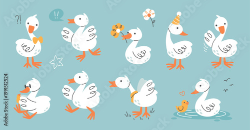 Cute goose mascot set with adorable geese characters in different poses, romantic and playful funny flat cartoon birds