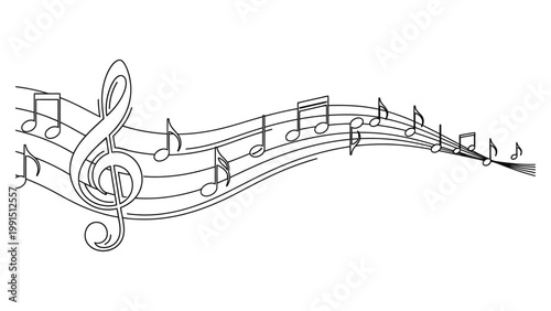 Continuous line drawing of a treble clef with musical notes on staff.