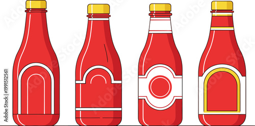 Minimalist Red Ketchup Bottle Vector Set with Four Different Label Designs for Food Menu Condiment Restaurant and Packaging Designs