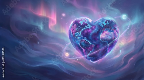 Heart-shaped Earth glowing in cosmic colors with swirling nebula  