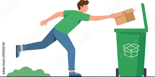 Man throwing cardboard box into green recycling bin outdoors quickly