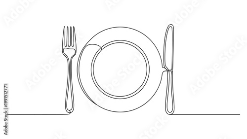 Continuous single line drawing of plate fork and knife cutlery set. Continuous line style. Hand drawn. Line art. Vector design. illustration