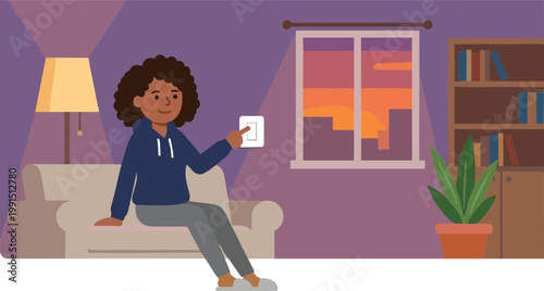 Woman relaxing on couch with coffee cup in living room at sunset