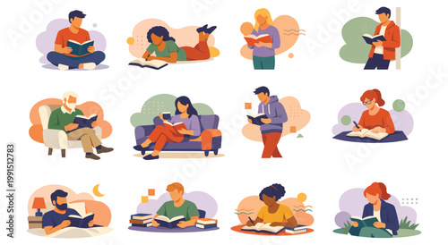Collection of people reading books and writing on paper in various poses. Flat vector characters including students and adults enjoying literature. Modern educational hobby concept isolated set.