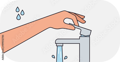 A hand turns a faucet handle with water droplets falling.