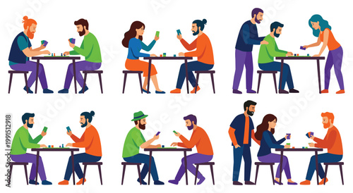 Diverse men and women enjoying tabletop games socializing together indoors. People sitting on stools holding cards moving pieces on board. Friendship hobby leisure activity flat illustration.