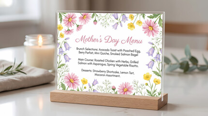 Mother's Day menu, floral card, wooden stand, colorful flowers, brunch ideas