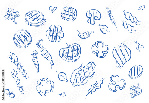 Doodle grill vegetables. Hand-drawn food sketch, design with Barbecue in whimsical scribble style. Peppers with tomatoes, carrots, corn and greens, garlic, and eggplants. Flat line graphic illustratio