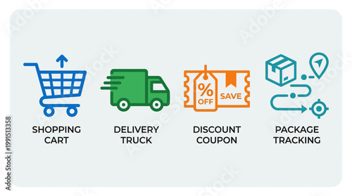 E-commerce and delivery icons with shopping cart truck coupon tracking.