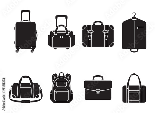 Luggage and bag collection with suitcase and backpack icons for travel planning vector illustration.