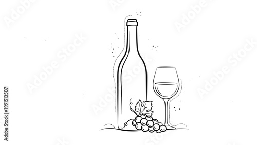 Hand drawn illustration of wine bottle with glass and grapes. Continuous line style. Hand drawn. Line art. Vector design. illustration