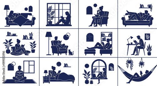 Diverse individuals enjoying literature in various domestic settings, comfortable chairs and sofas with plants, window seat and hammock relaxing, modern home library scenes, peaceful indoor hobby.
