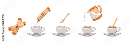 Coffee sticks. Step-by-step coffee making process. Guide how drink coffee. Tutorial cup of espresso in flat carton simple style.