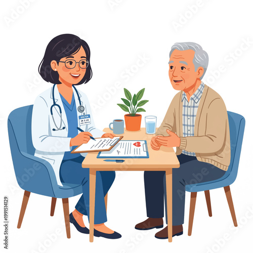A female doctor and an elderly man sit at a table discussing health documents with a plant and coffee cups nearby in a clean white background.