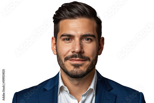 Professional businessman face smiling, wearing blue suit, confident executive portrait, studio shot with transparent background