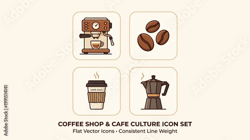 Coffee shop and cafe culture icons.