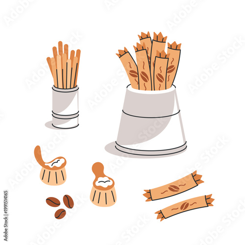 Coffee break icons design. Cafe items drink coffee for barista. Wooden stirrers and coffee bags, coffee sticks roasted coffee beans and portioned milk in flat carton simple style. Minimalist simple