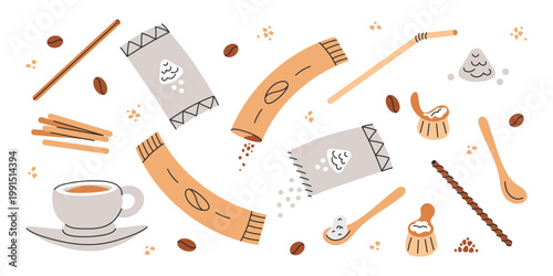 Coffee break. Cafe items drink coffee. Wooden stirrers and coffee bags, sticks, sachets sugar, roasted coffee beans, spoons, cocktail straw, cream, bunch of wooden stirrers, coffee cup and portioned 