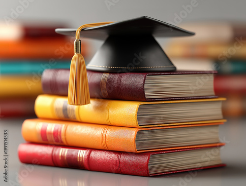Graduation scene with books and cap celebrating scholarly milestone