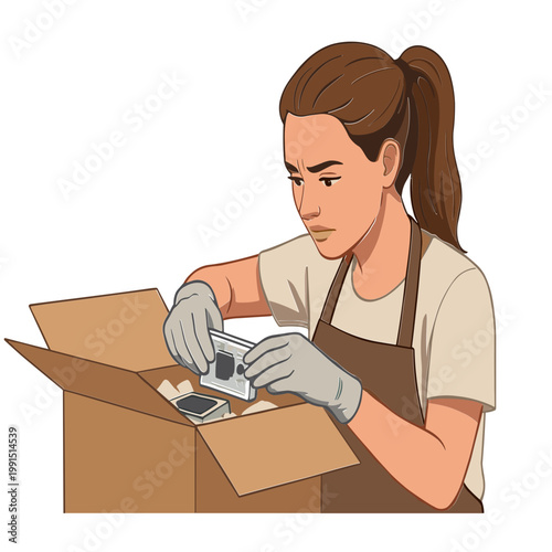 A woman wearing gloves carefully unpacks a device from a cardboard box.