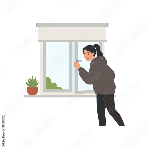 Woman cleaning window with cloth indoors at home