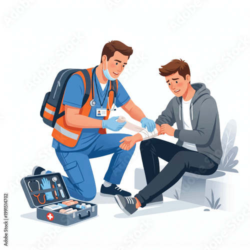 An emergency responder in a high-visibility vest tends to a seated man's injured arm with a bandage in a clinical setting.