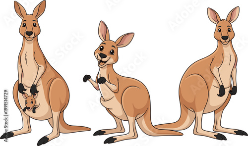 Cute Cartoon Kangaroo Icon Set with Mother and Joey in Pouch Standing Poses for Australian Wildlife Kids Nursery and Education Designs