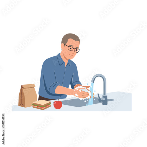 Man washing hands at kitchen sink with food and bag nearby indoors
