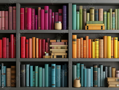 Library shelves filled with colorful books representing educational resource abundance