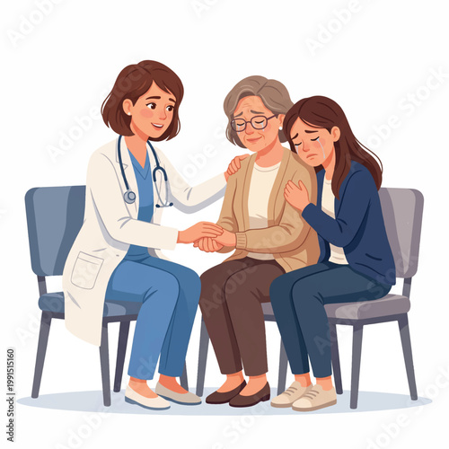 Illustration of a female doctor comforting a senior woman and a young woman sitting on chairs with a white background.