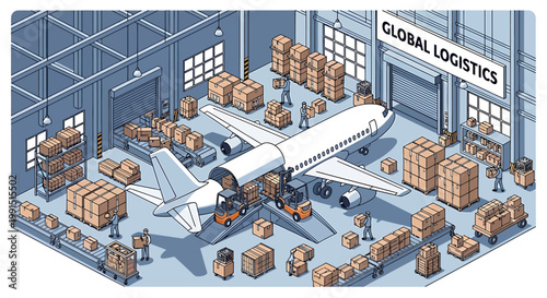 Airplane cargo loading process logistics.