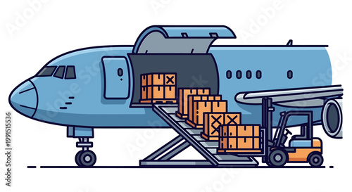Airplane loading cargo with forklift.