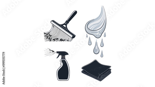 Cleaning Essentials: A collection of essential cleaning tools, including a squeegee, water droplets, spray bottle, and a microfiber cloth, symbolizing the art of cleanliness and order.