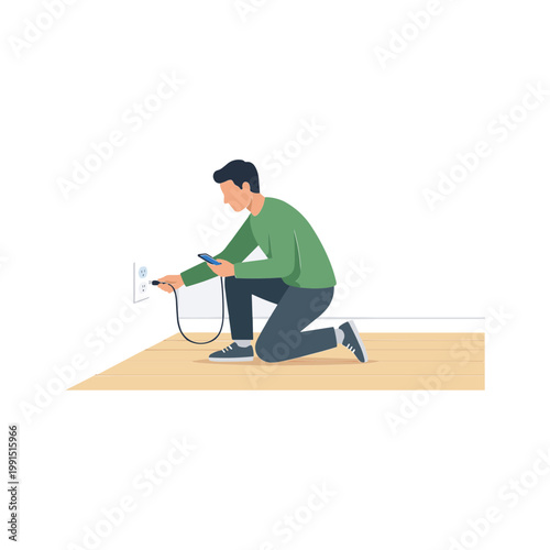 A man is kneeling down fixing an electrical outlet with a cord.