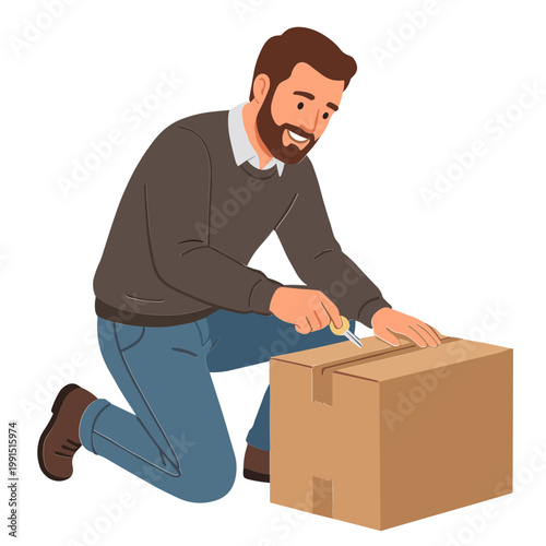 Man kneeling down to seal a cardboard box with tape carefully