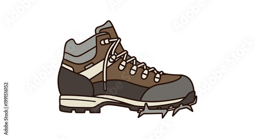 Brown hiking boot with crampons.