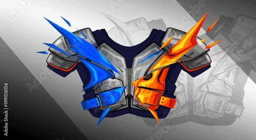 Ice and Fire Shoulder Pad Illustration: Cartoon Style Armor with Blue and Orange Energy Effects on a Textured Gray Background
