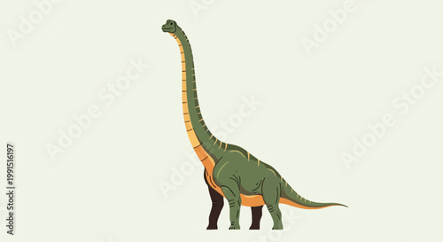 Illustration of a green Brachiosaurus dinosaur with a long neck standing tall against a light background in cartoon style