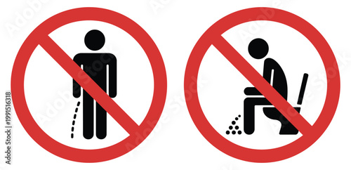 No Peeing And No Pooping Sign Vector Set, Prohibition Symbols For Public Cleanliness Rules In Minimal Style, Red Circle Warning Icons For Hygiene Restrictions, Restroom Etiquette, And Environmental