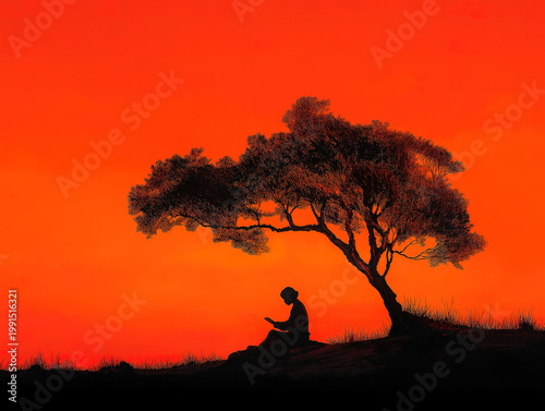 Peace and focus conveyed through a silhouette reading under a tree