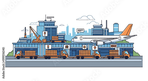 Cargo trucks loading shipping containers.