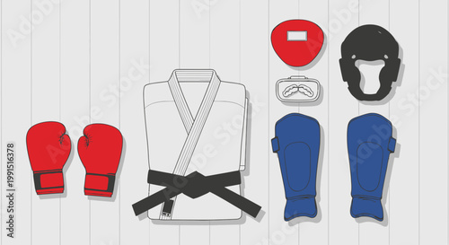 Martial arts gear including gi boxing gloves headgear and shin guards arranged in organized flat lay composition on a neutral backdrop