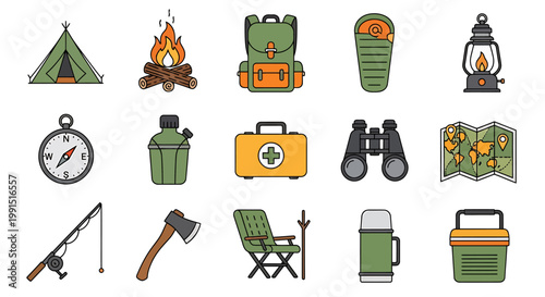 Camping gear and outdoor equipment icons.