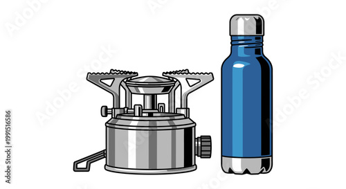 Camping stove and blue water bottle.